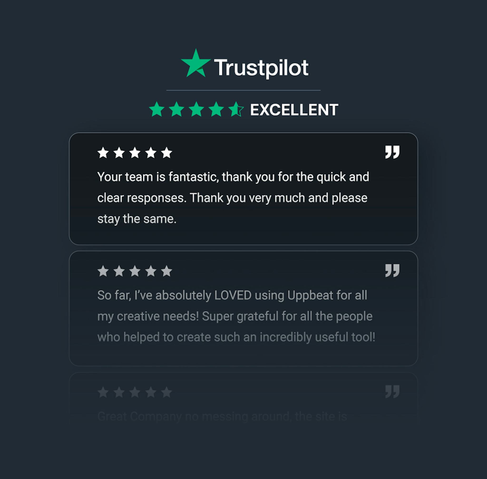 An image of our Trustpilot rating, showing 4.7 stars. The example review reads: Your team is fantastic, thank you for the quick and clear responses. Thank you very much and please stay the same.