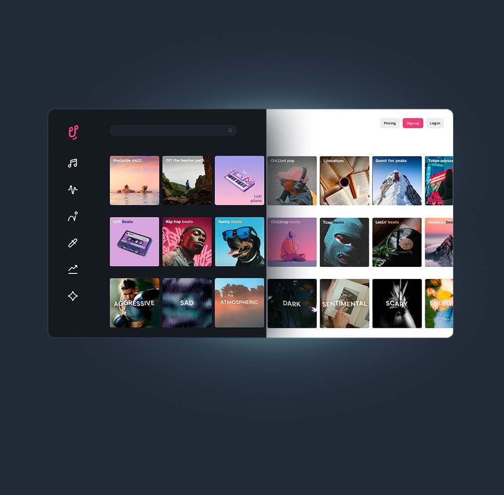 The Uppbeat website, split between light and dark colour themes.