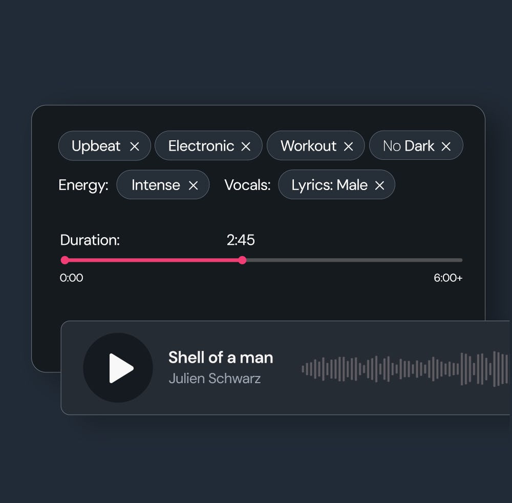 A selection of our filters, including applied and excluded styles, energy, vocals and a slider for duration.