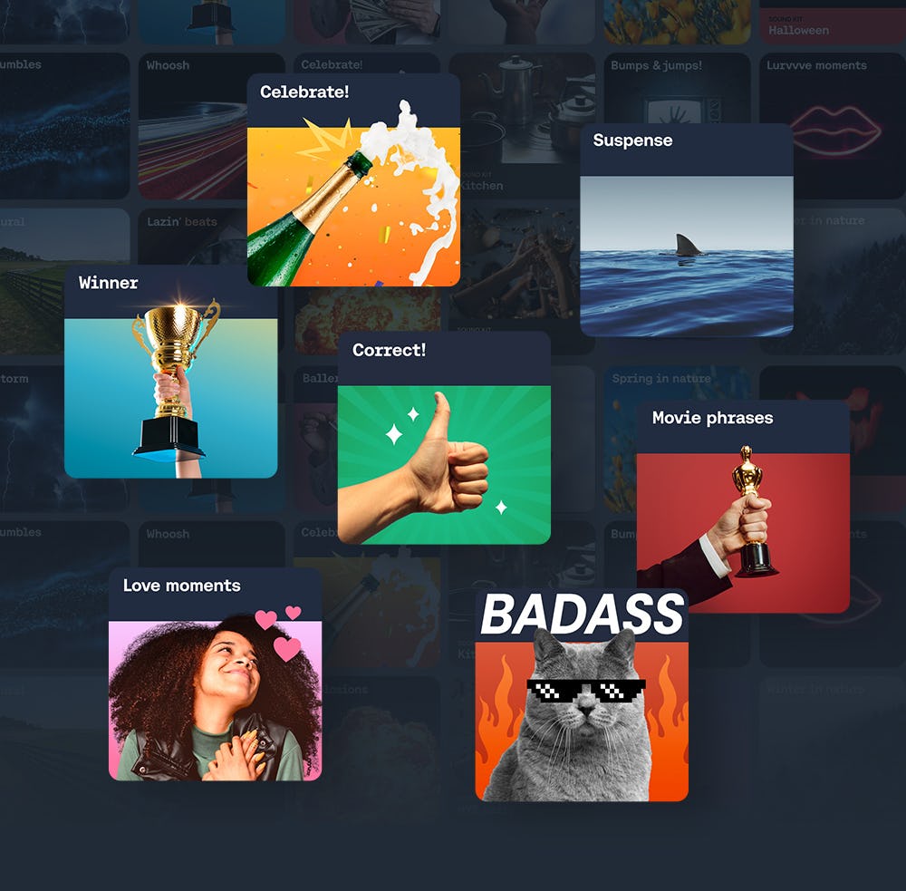 A collection of images representing our sound effect categories, including "Celebrate", "Winner" and "BADASS".
