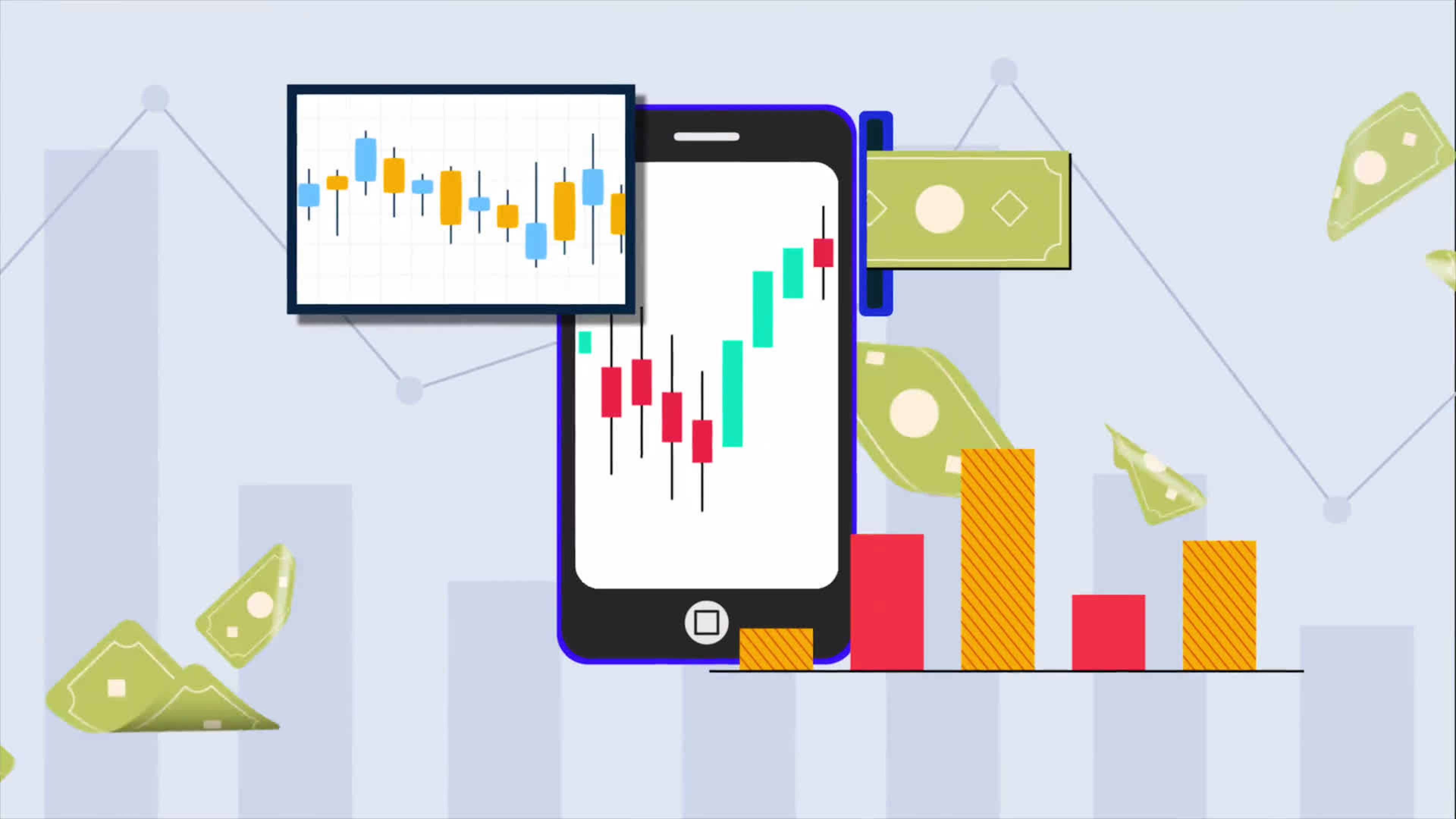 Smartphone Stock Charts And Currency Notes Transition On Alpha