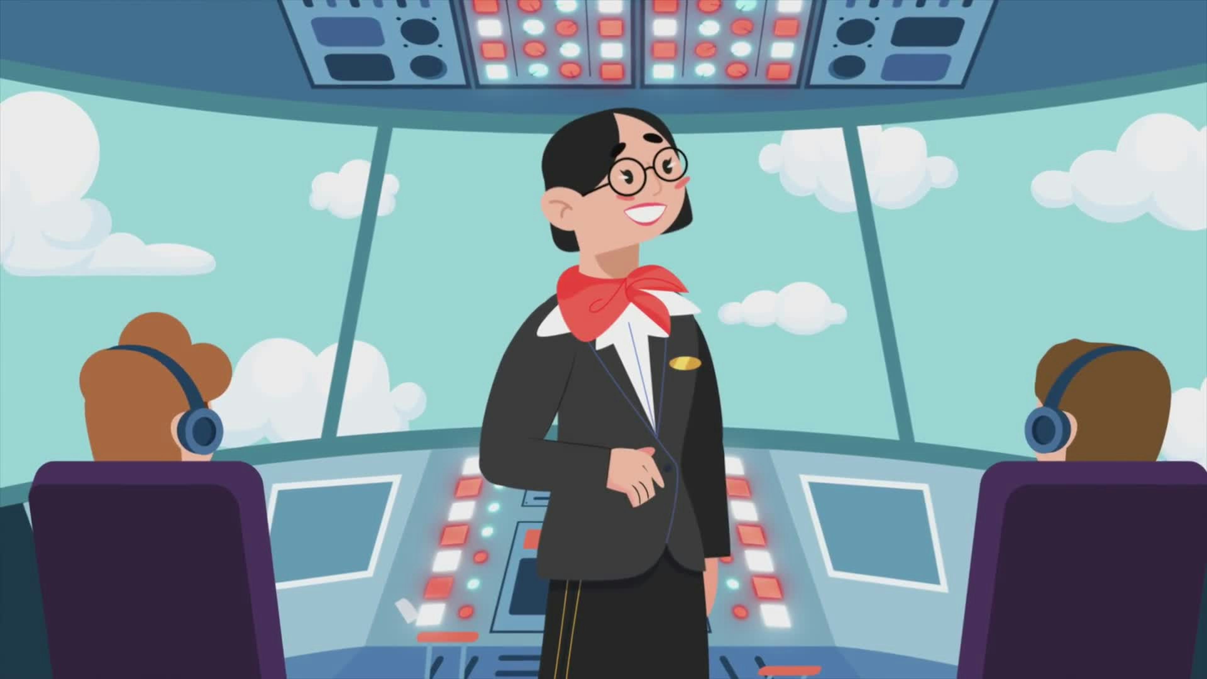 Female Flight Attendant Standing In The Airplane Cockpit