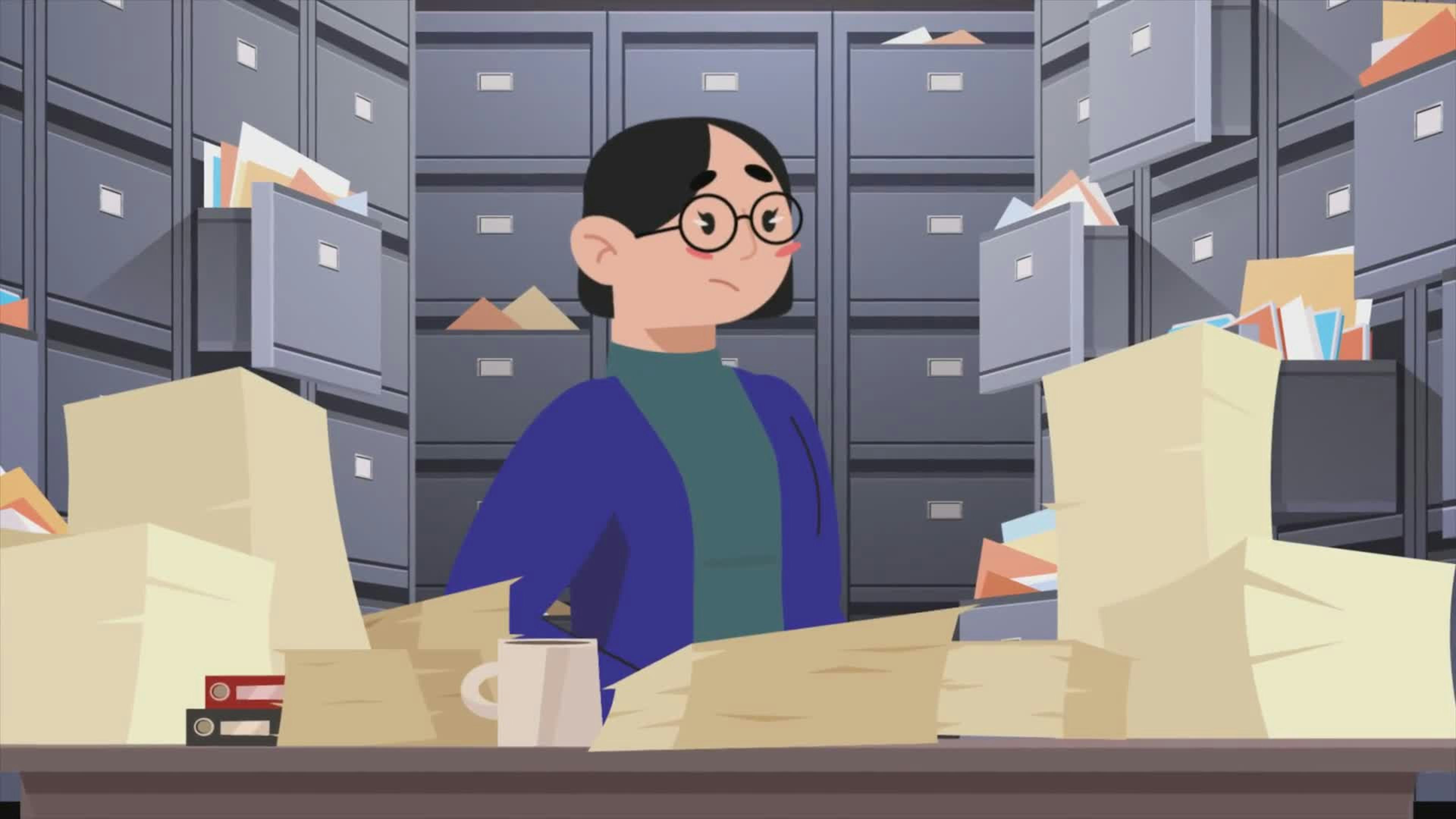 Frustrated Woman Surrounded By Piles Of Documents And Files