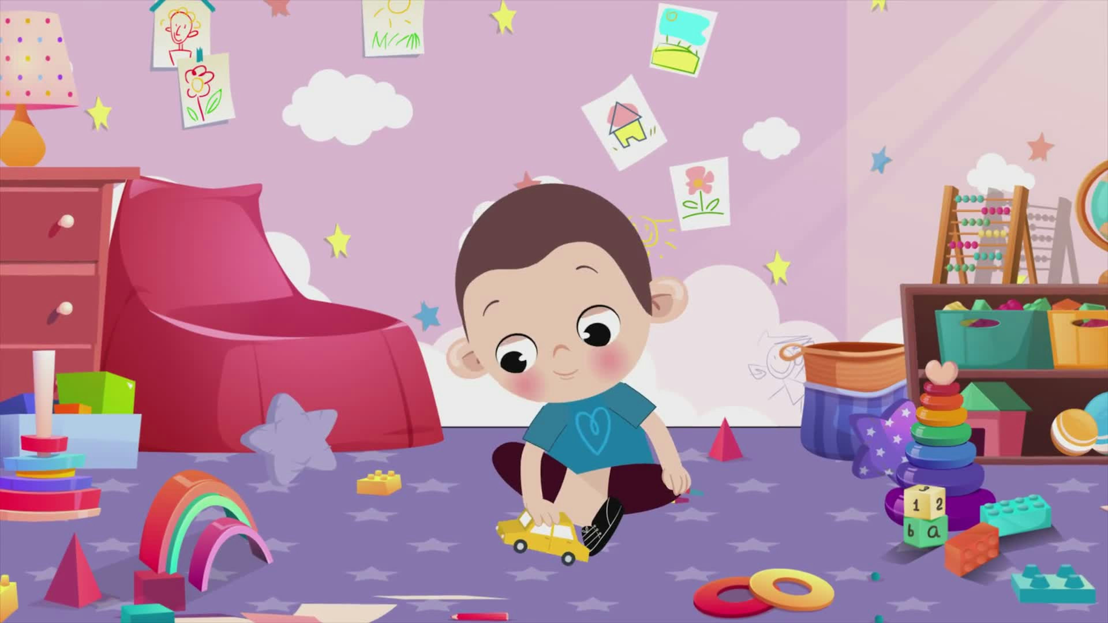 Little Boy Playing With Toys In His Room